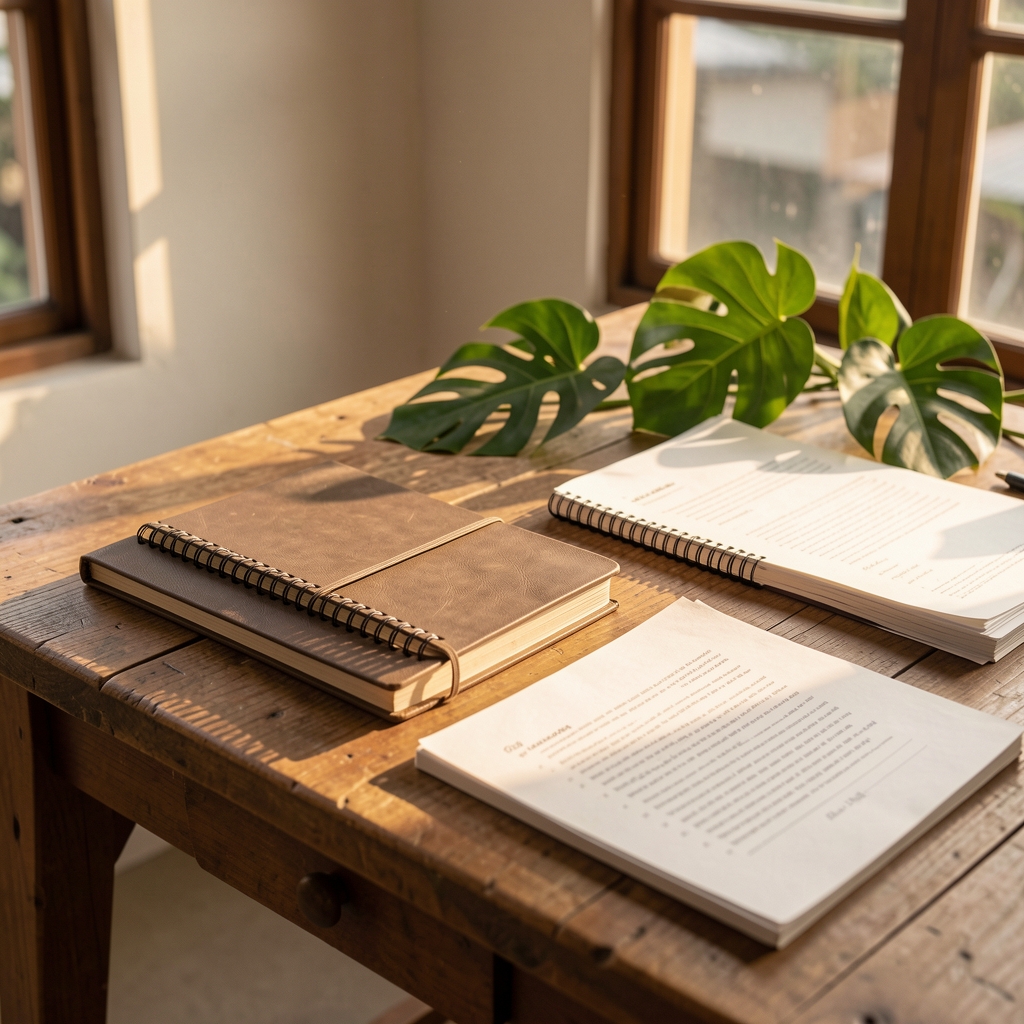 Editorial worktable with notebooks, source papers, green leaves, and warm afternoon light in a Jakarta studio