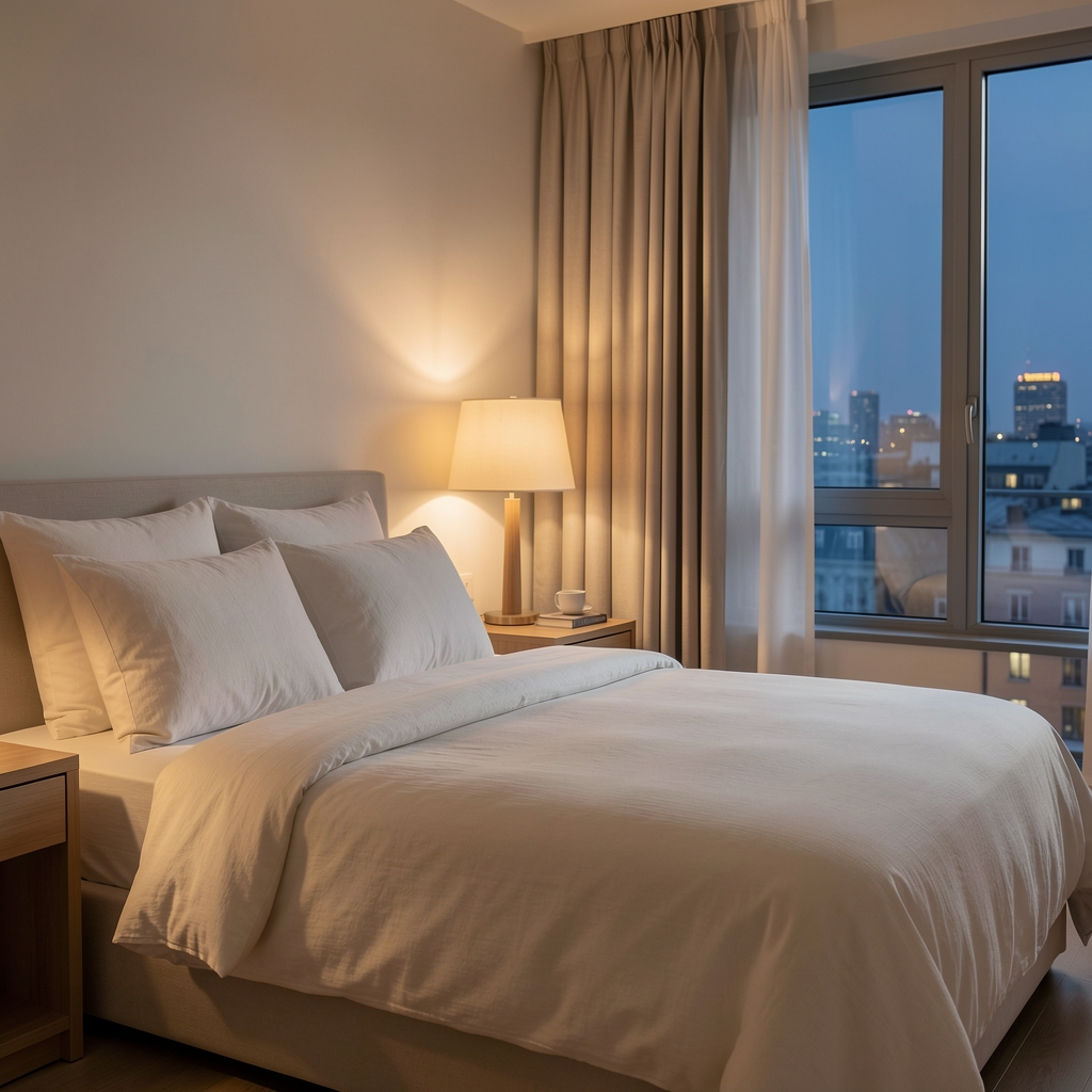 Calm bedroom with linen bedding, a shaded lamp, and open curtains showing a quiet city evening