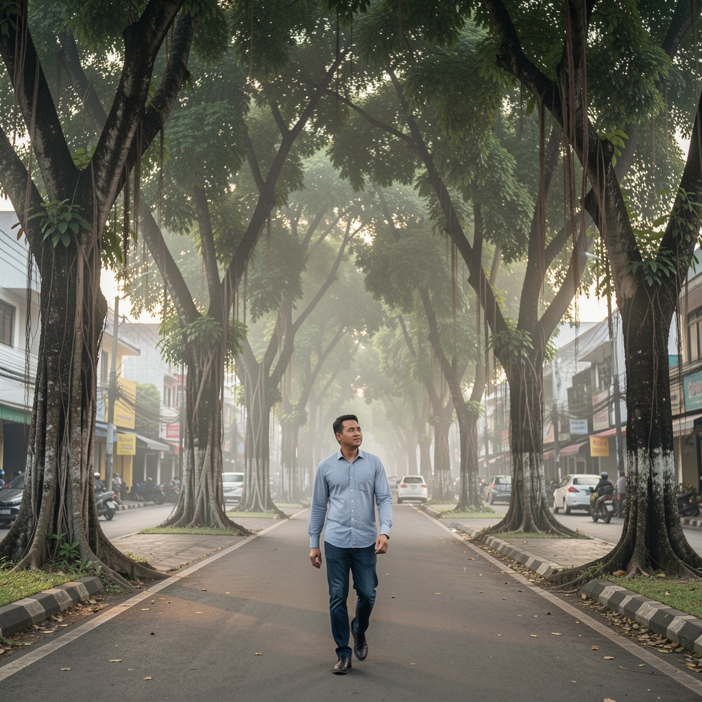 Man walking beneath mature rain trees along a quiet Jakarta street during the early morning