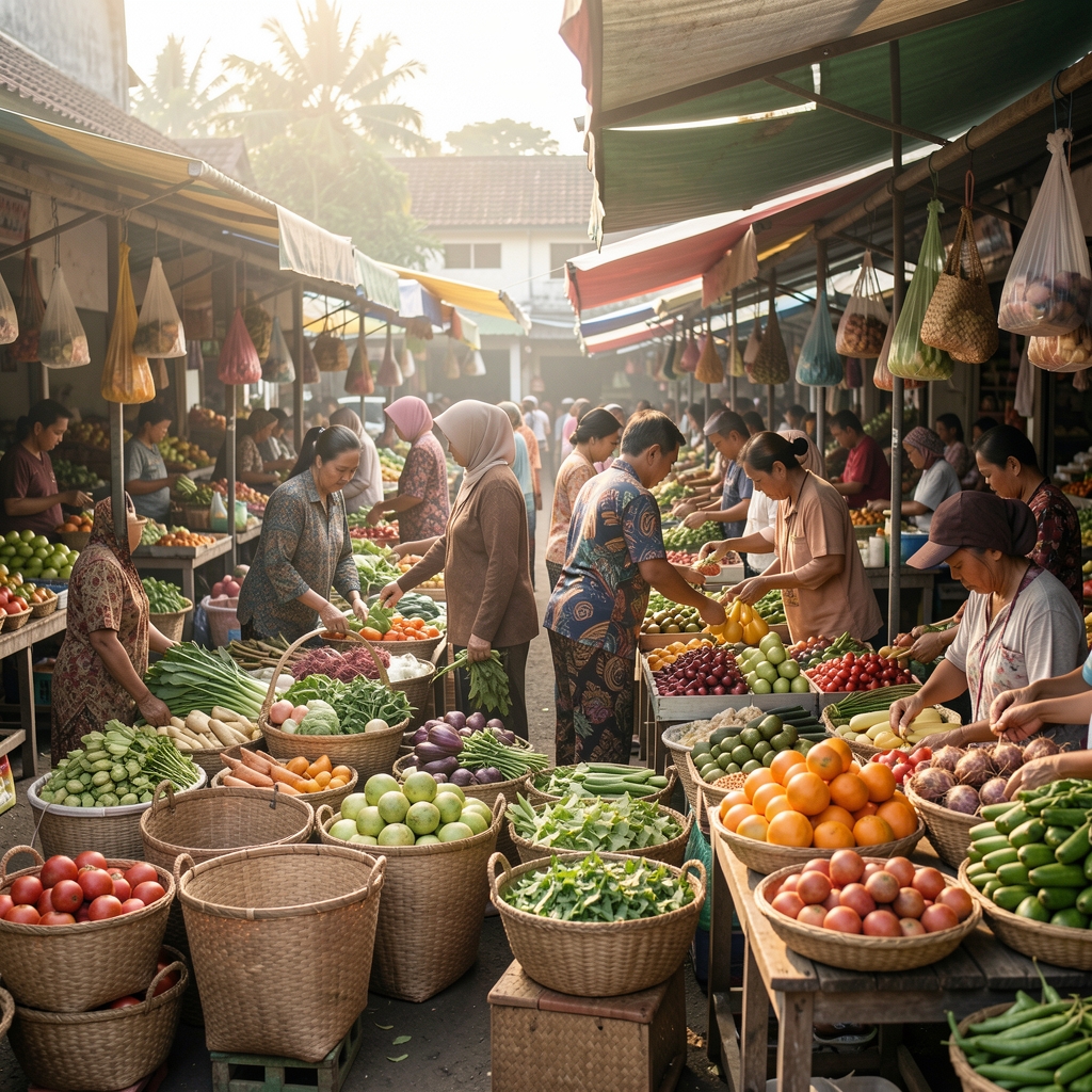 Indonesian community market with produce stalls, woven baskets, and people choosing fresh ingredients in soft morning light