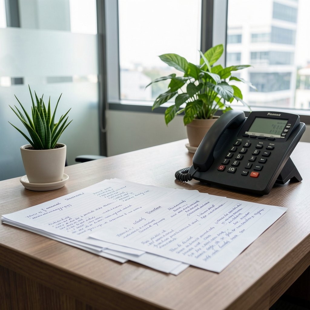 Editorial contact desk with handwritten reader letters, telephone, and green plant in a Jakarta office