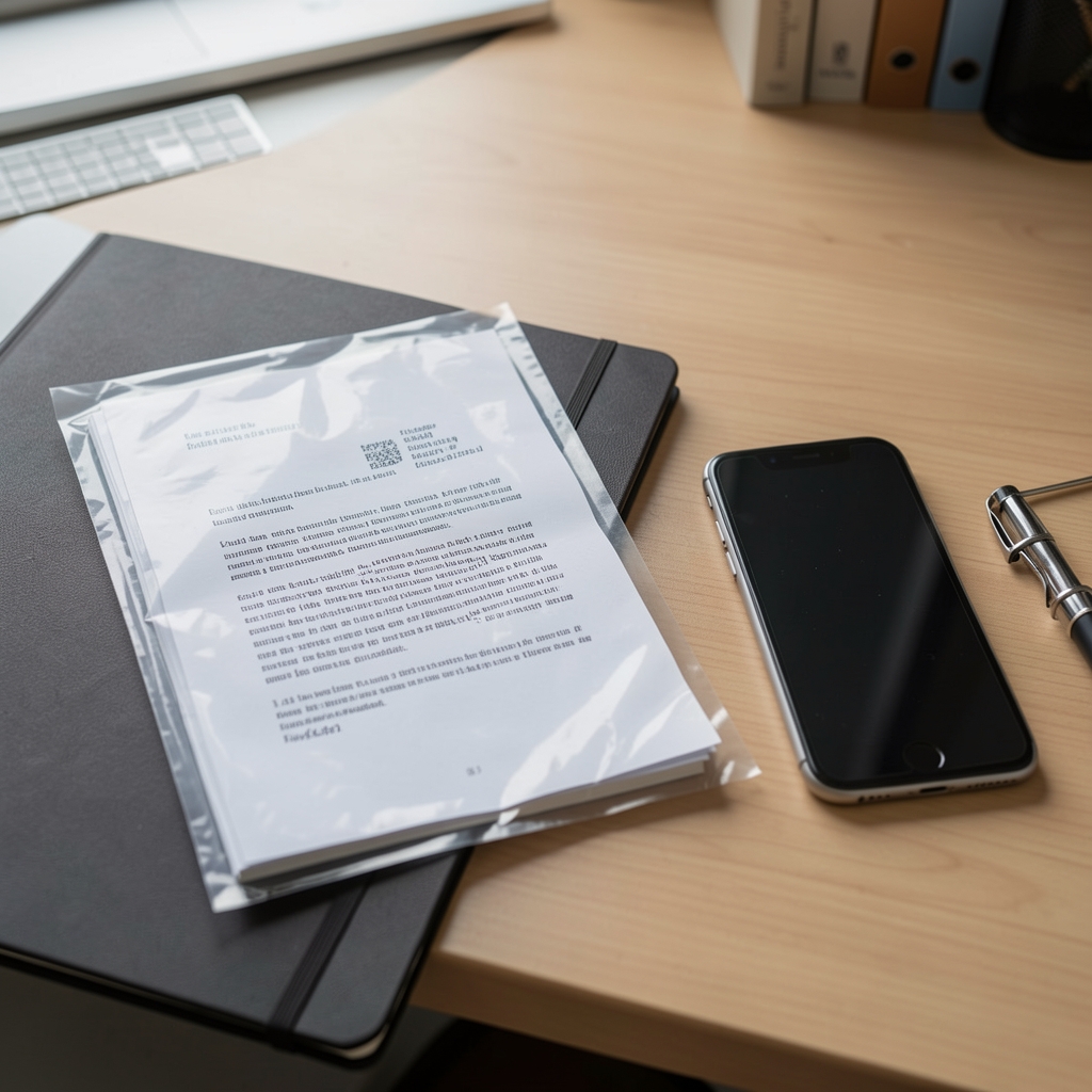 Sealed reader letter and smartphone beside a notebook on a quiet editorial desk
