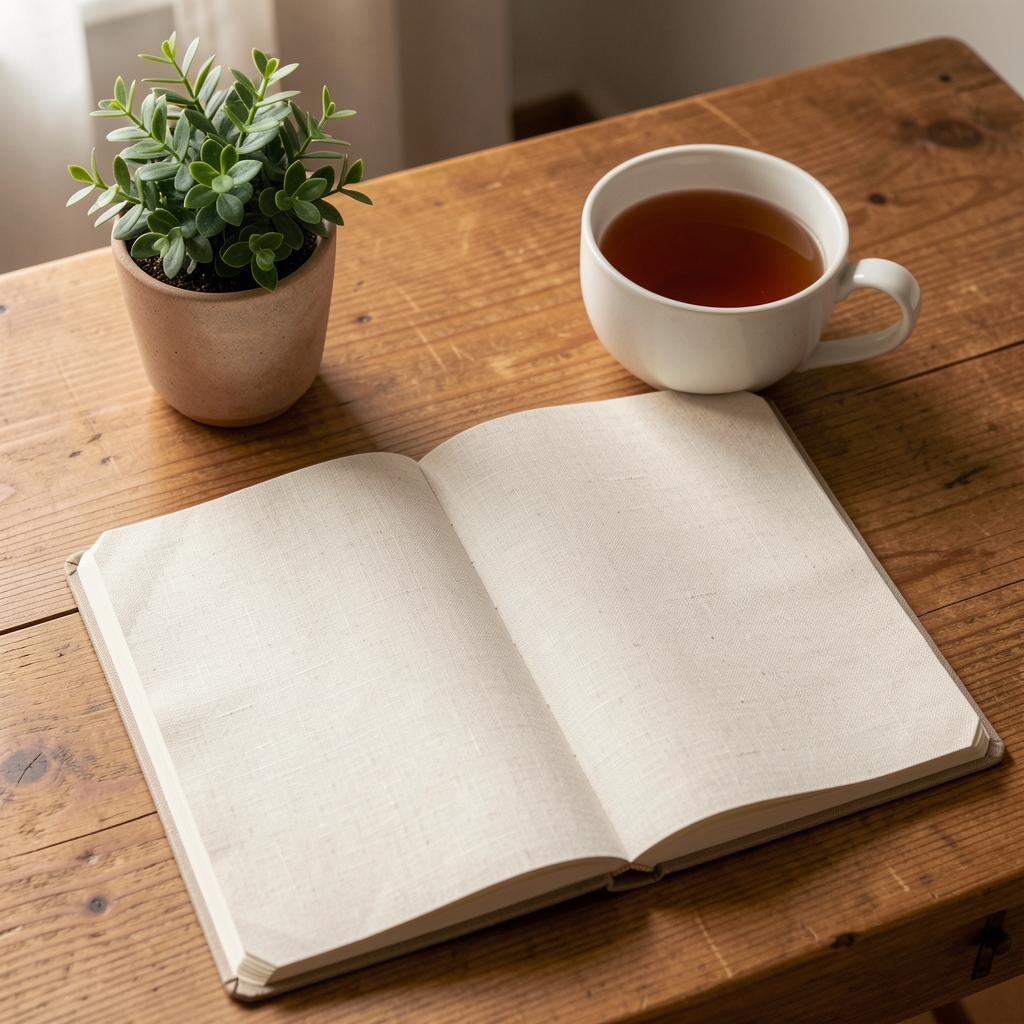 Open linen notebook with a cup of tea and a small green plant on a warm wooden desk