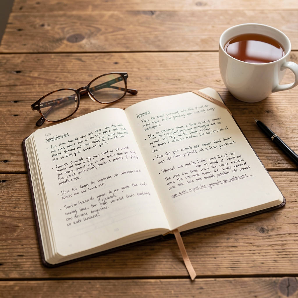 Open wellness journal with handwritten observations, reading glasses, and a cup of tea on a wooden table