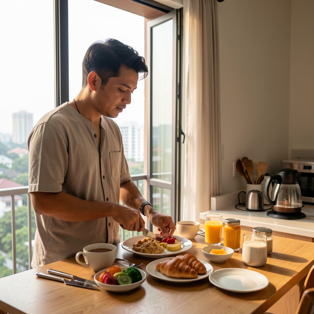 Man in his thirties preparing a balanced breakfast beside an open Jakarta apartment window with morning light