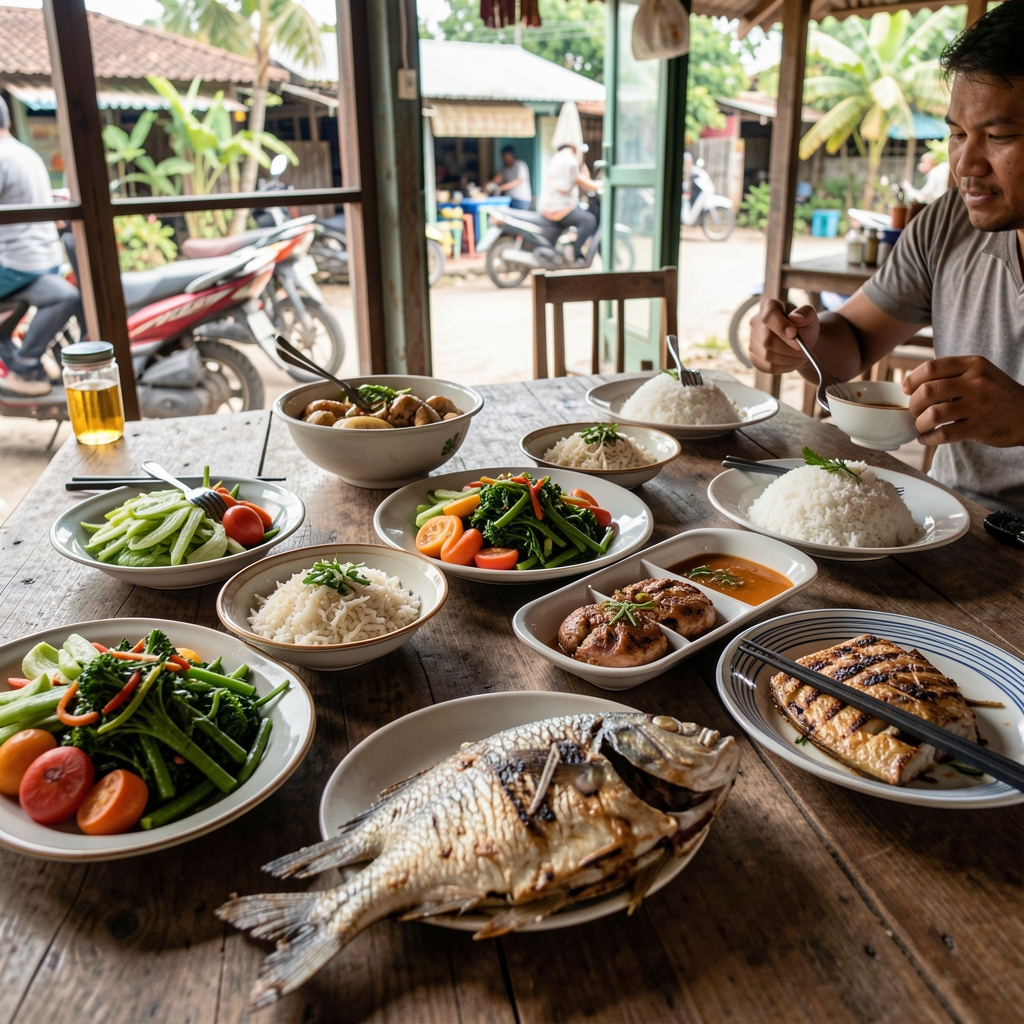 Warm Indonesian warung table with vegetables, rice, grilled fish, and shared dishes ready for a midday meal