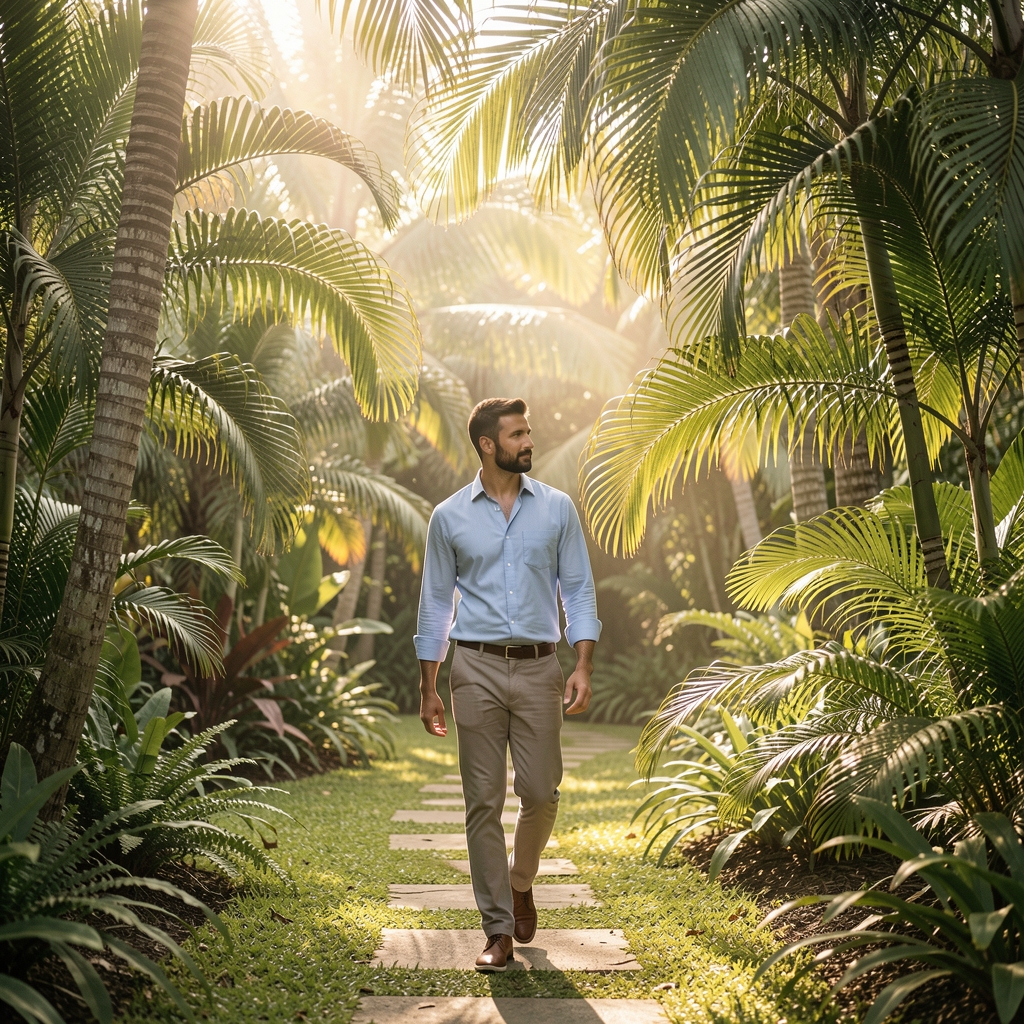 Healthy Indonesian man walking through a quiet tropical garden at soft morning light, surrounded by layered palms and filtered sun