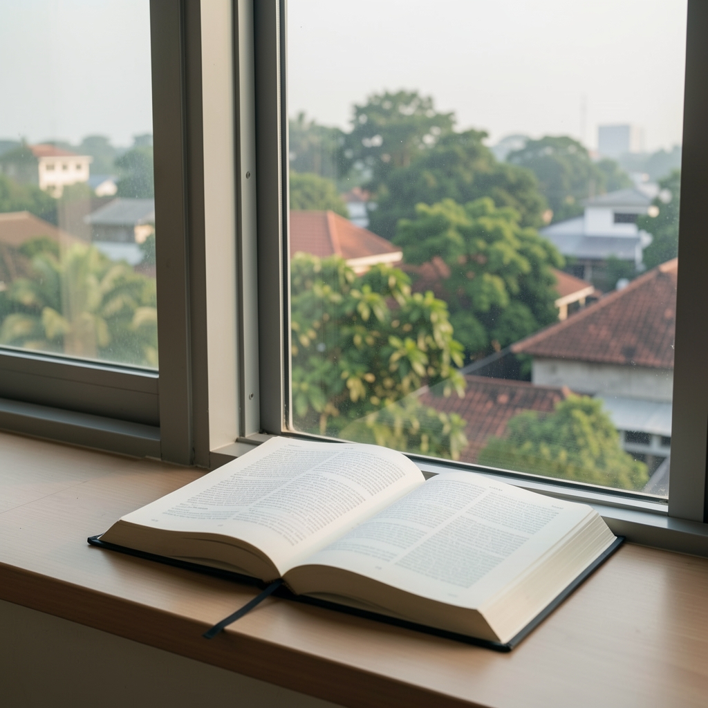 Open journal beside a window overlooking leafy Jakarta rooftops during a quiet early morning