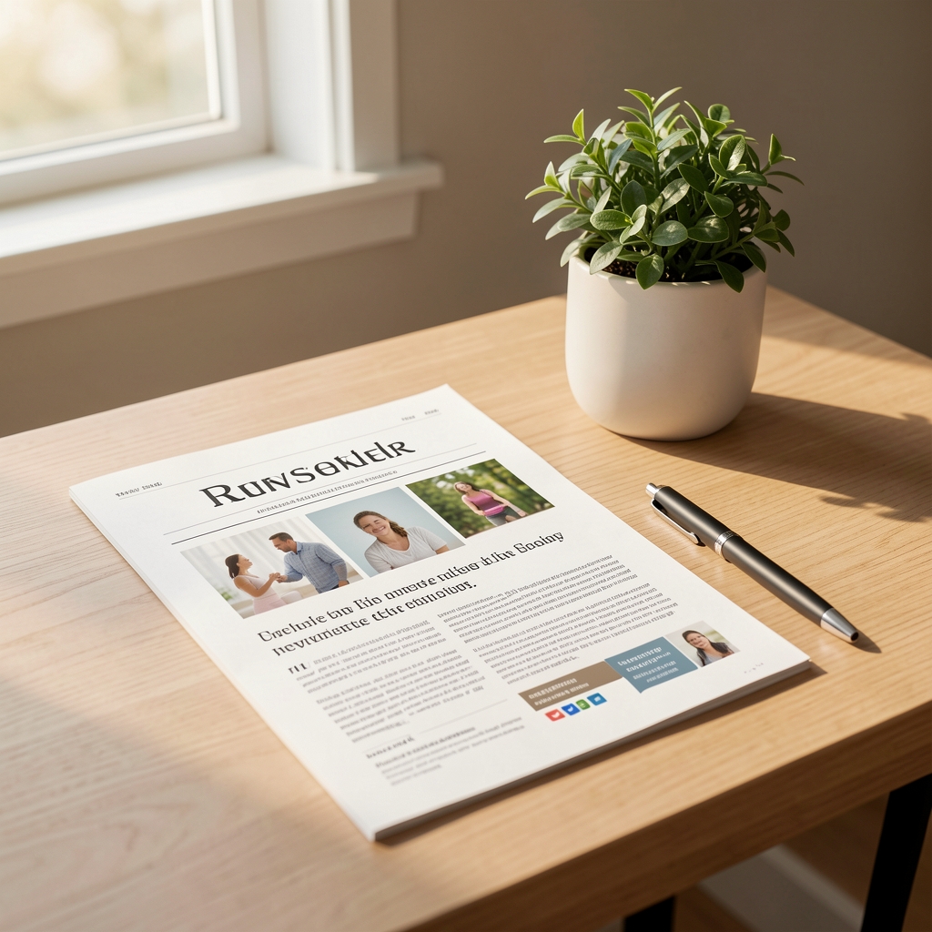 Minimal writing desk with printed wellness newsletter, green plant, pen, and morning light