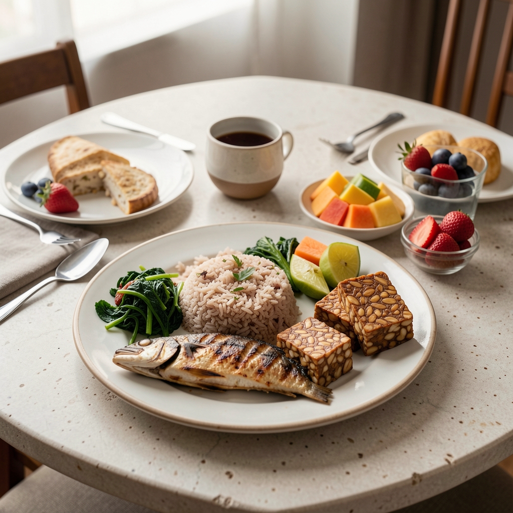 Balanced Indonesian lunch with grilled fish, brown rice, greens, tempeh, and fresh fruit on a ceramic table