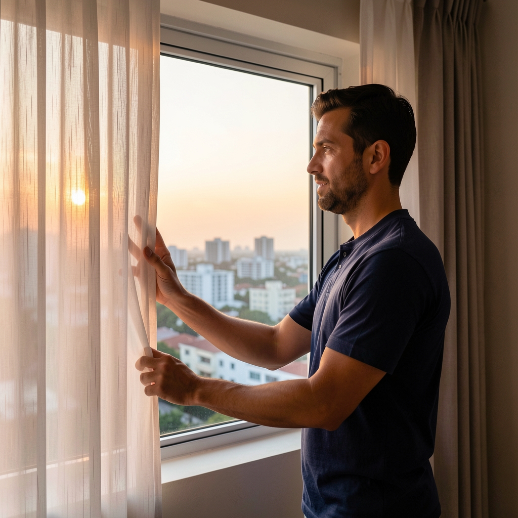 Man opening curtains to a pale tropical dawn while a quiet city becomes visible outside