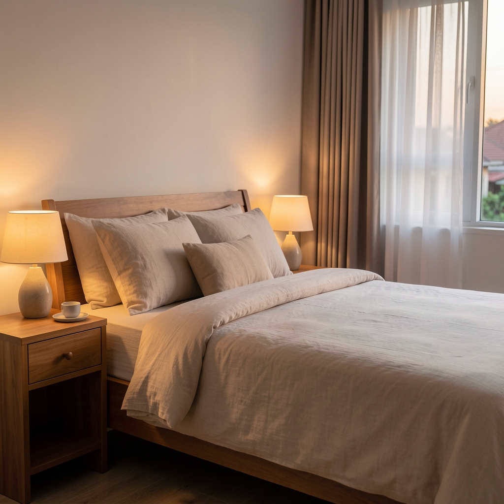 Calm bedroom with breathable linen bedding, wooden bedside table, and soft evening light in Jakarta