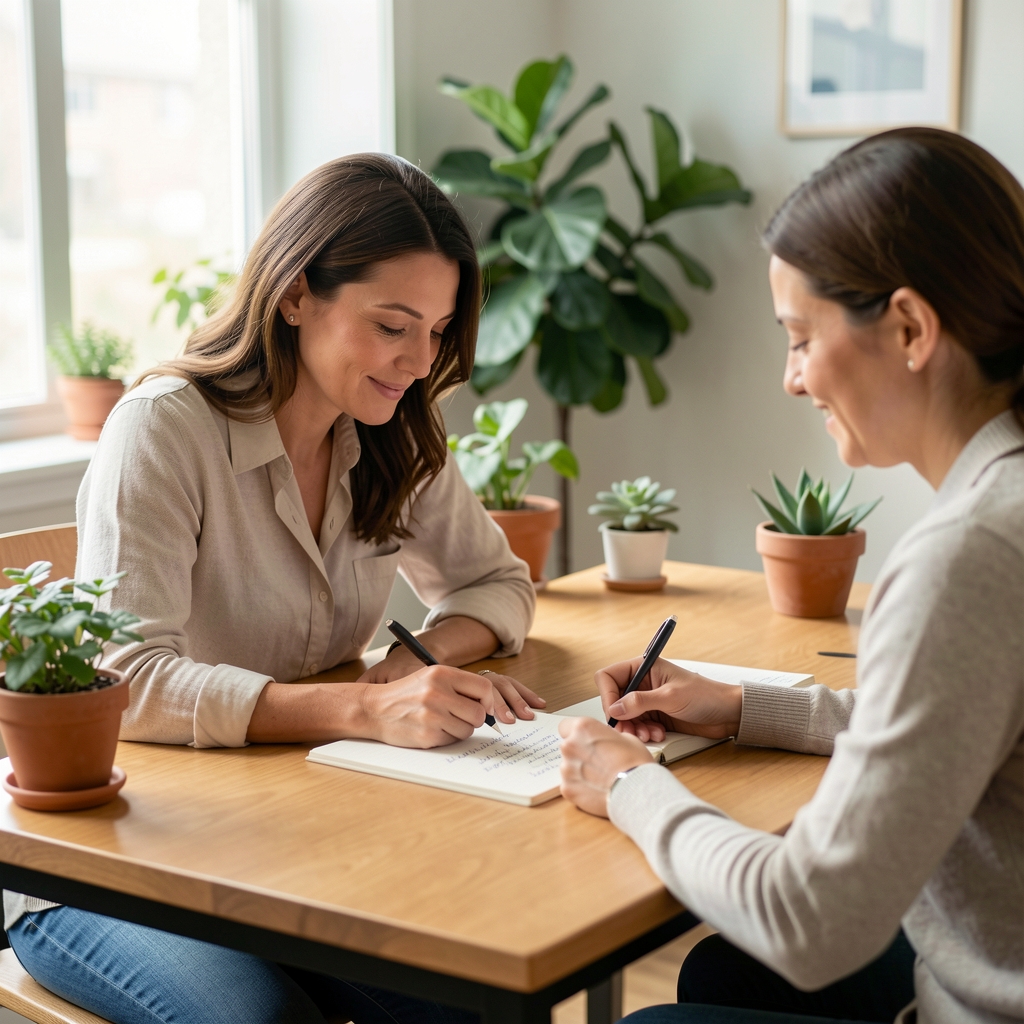 Wellness writer reviewing handwritten notes with a colleague at a calm Central Jakarta table with plants nearby